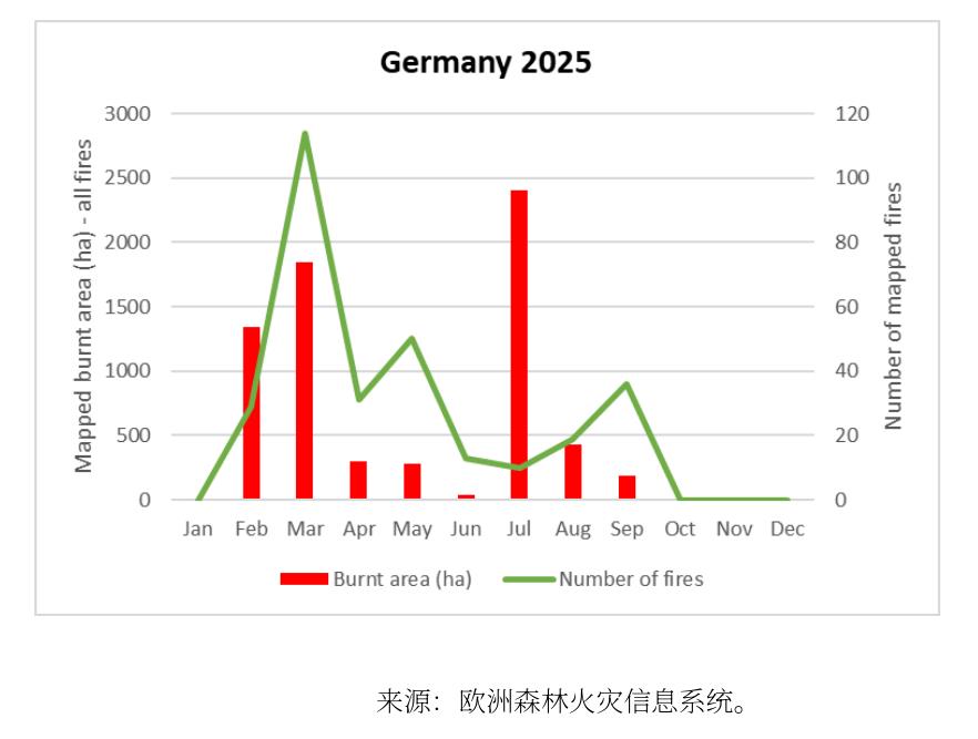 德国2025年月度林火：春季火灾次数高企，夏季烧毁面积攀升