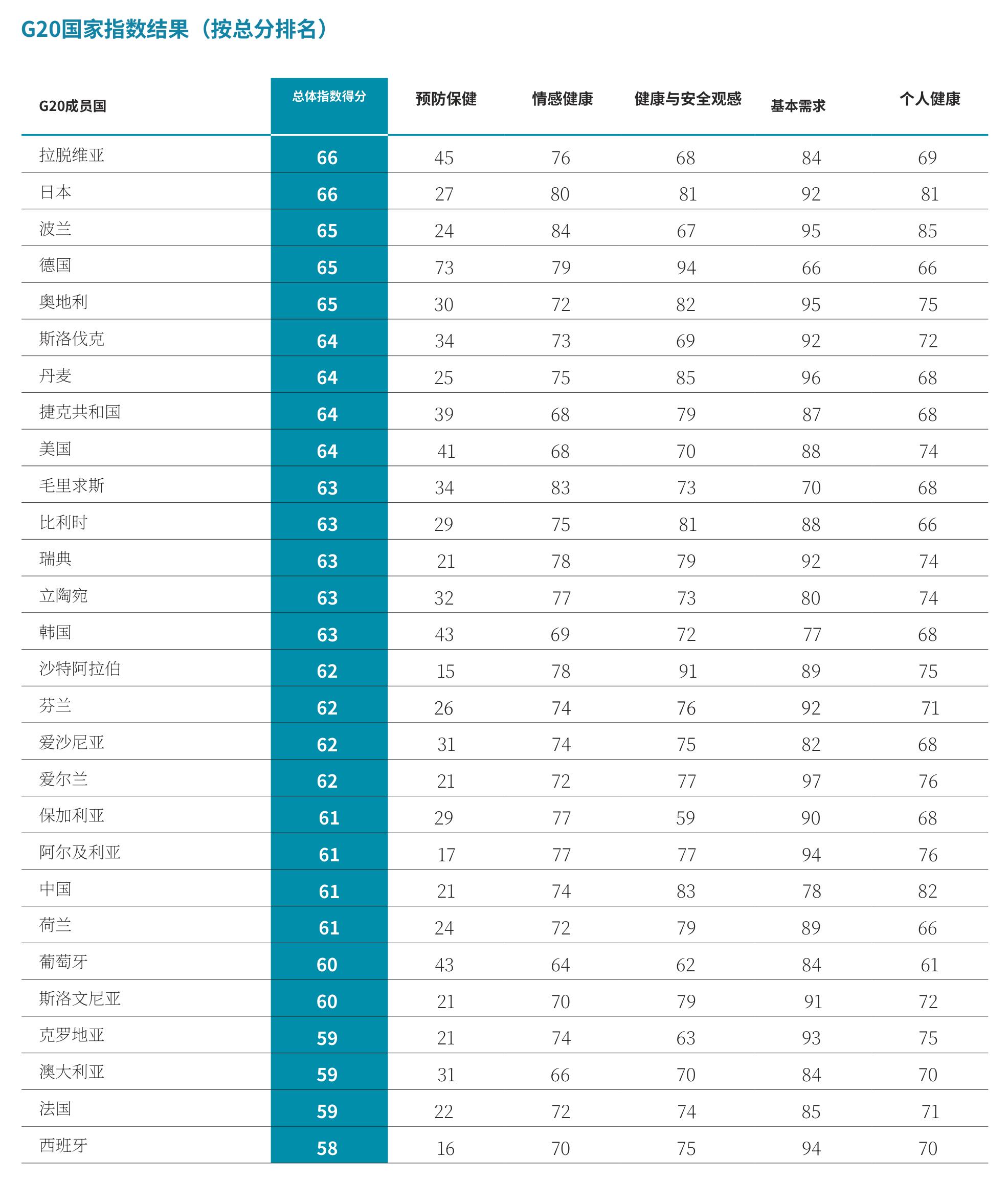 G20国家指数结果（按总分排名）