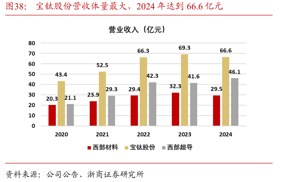 宝钛股份营收体量最大，2024年达到66.6亿元