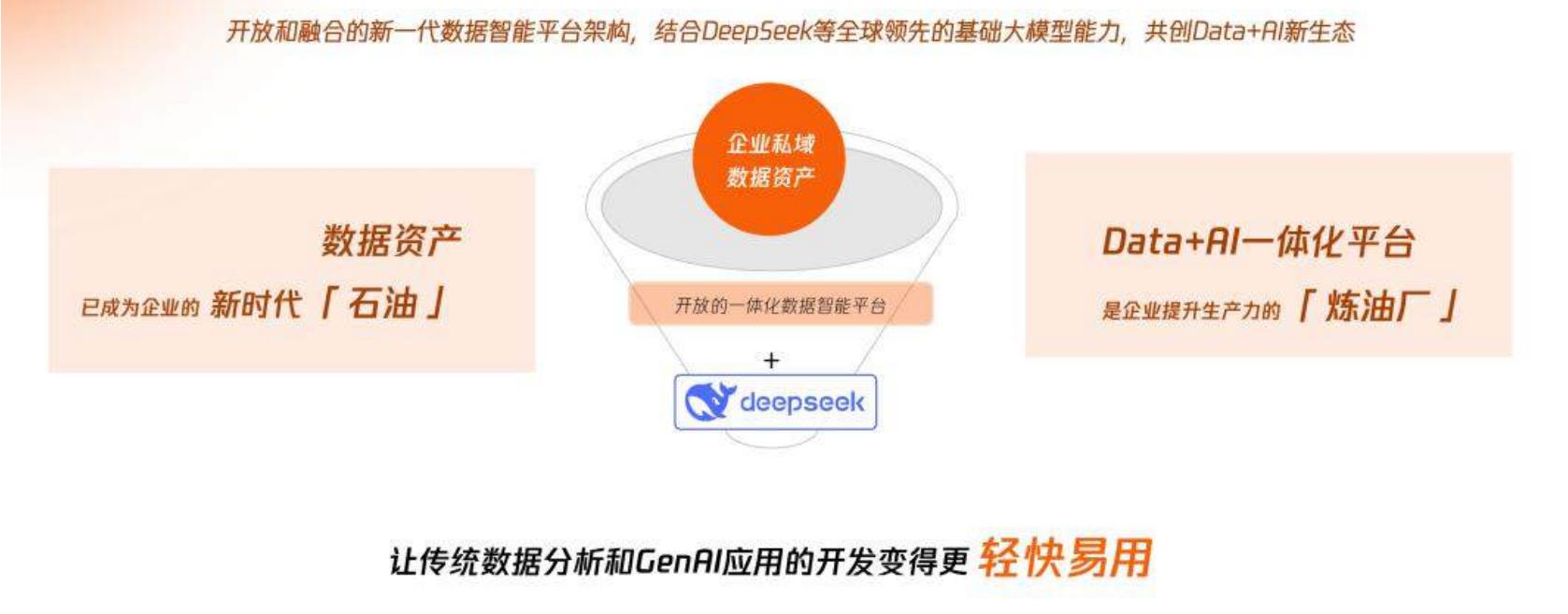 开放和融合的新一代数据智能平台架构，结合Deep5eek等全球领先的基础大模型能力，共创Data+Al新生态