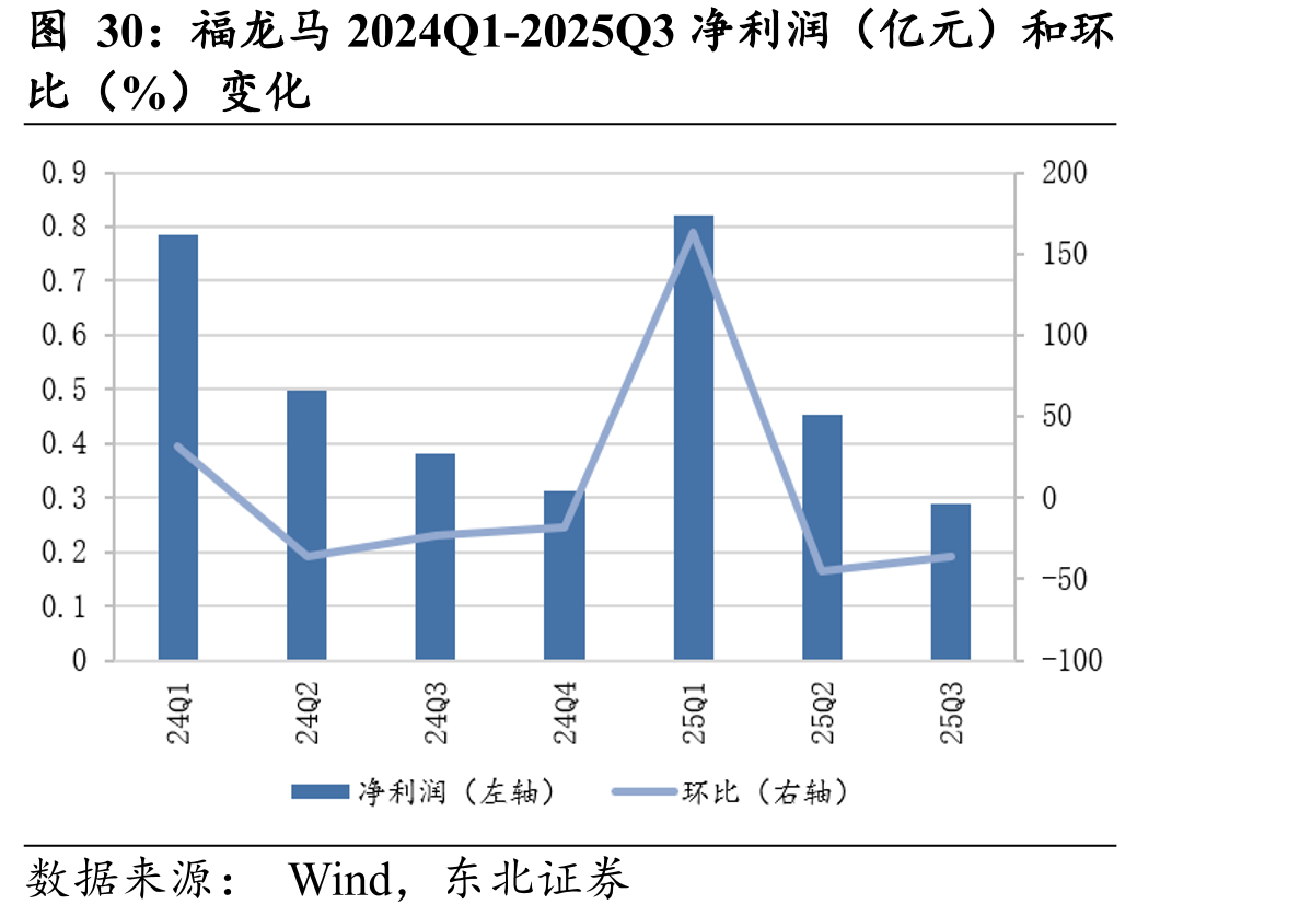 福龙马2024Q1-2025Q3净利润（亿元）和环