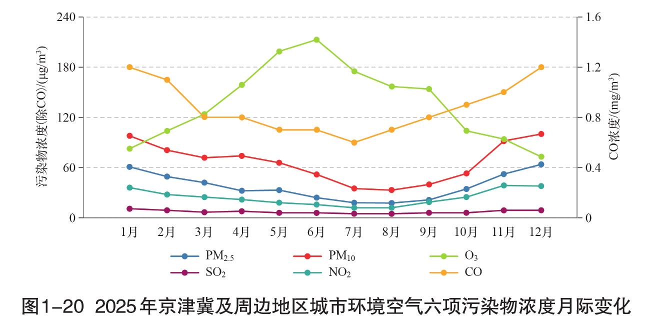 图1-202025年京津冀及周边地区城市环境空气六项污染物浓度月际变化