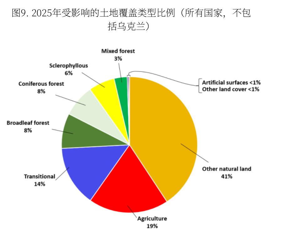 2025年欧洲林火烧毁面积土地覆盖分布：其他自然土地超四成