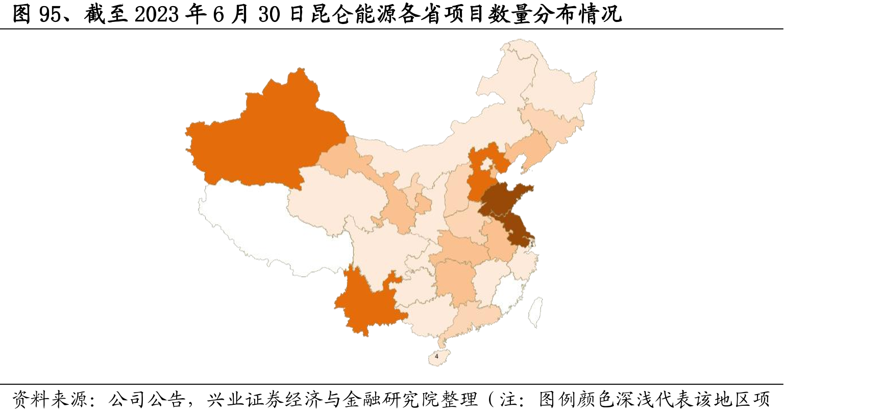 图95、截至2023年6月30日昆仑能源各省项目数量分布情况