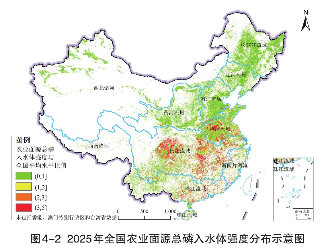 图4-22025年全国农业面源总磷入水体强度分布示意图