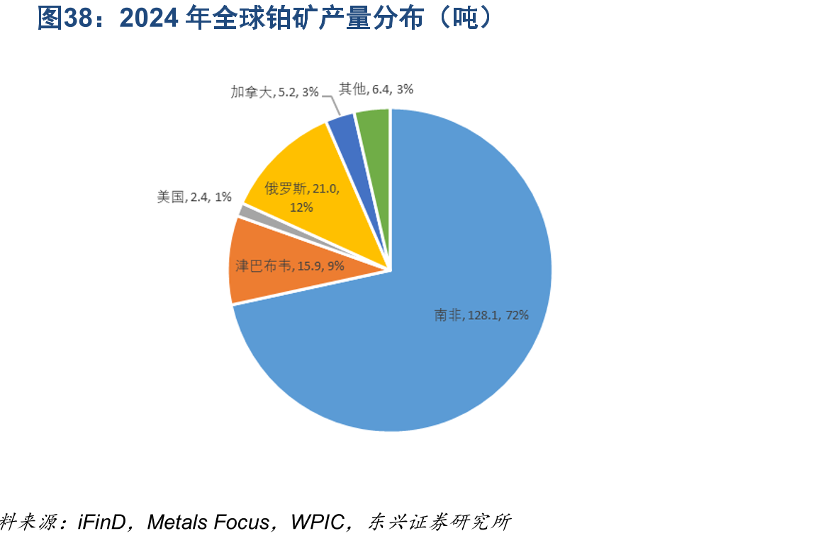 2024年全球铂矿产量分布（吨）