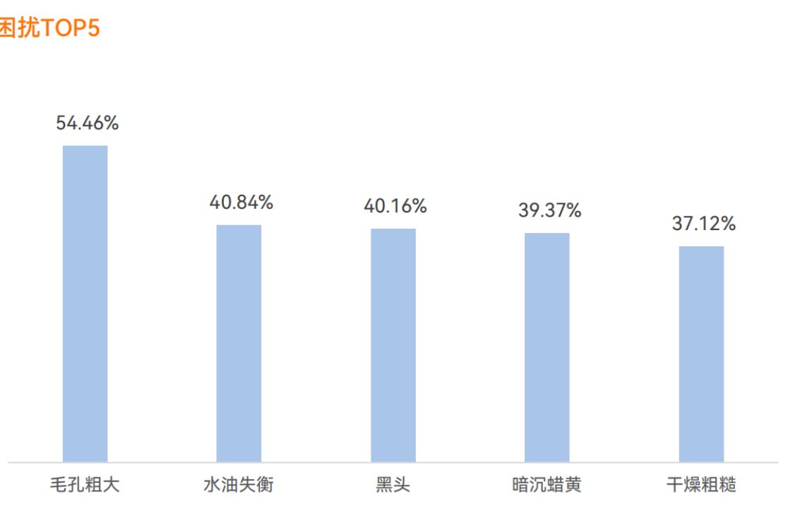 消费者肌肤困扰TOP5：毛孔水油黑头暗沉干燥均超37%
