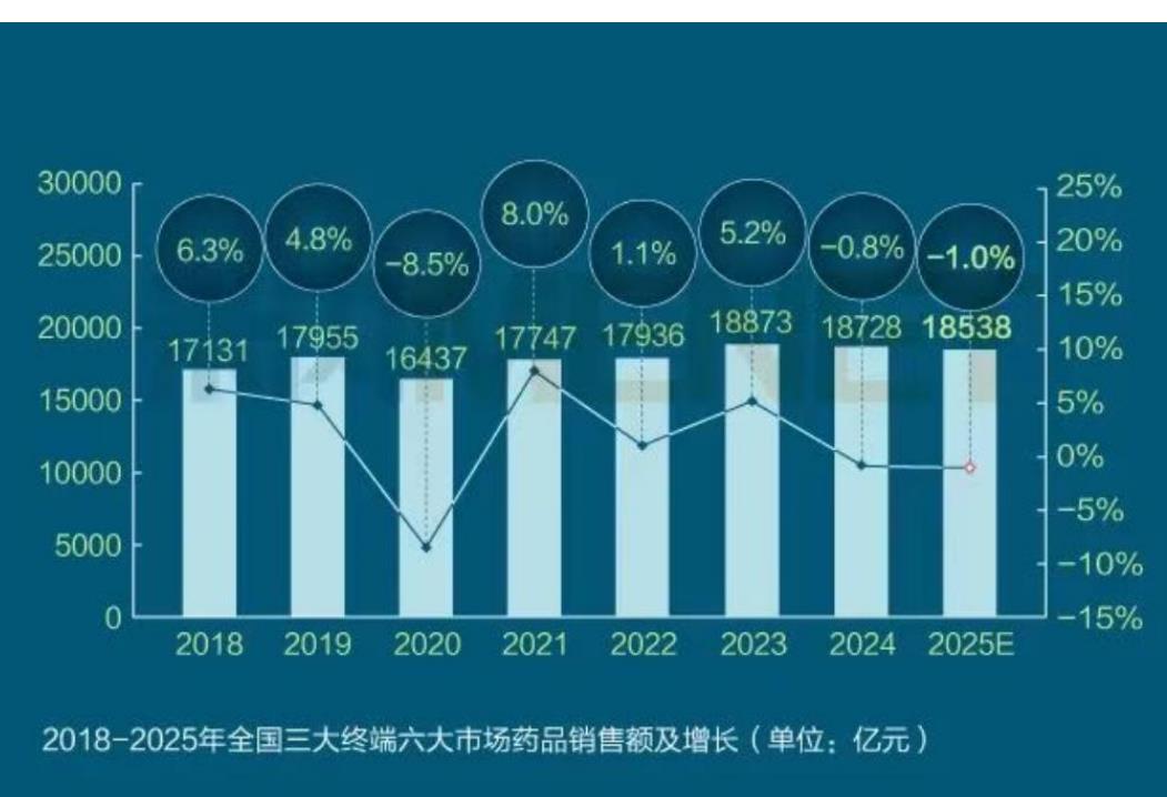 2018-2025年全国三大终端六大市场药品销售额及增长（单位：亿元）