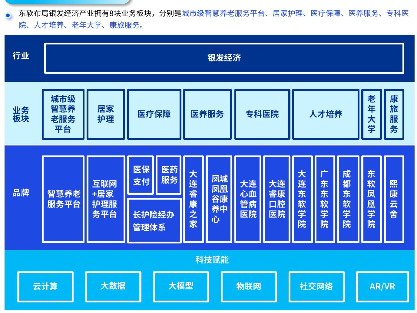 东软布局银发经济产业拥有8块业务板块，分别是城市级智慧养老服务平台、居家护理、医疗保障、医养服务、专科医