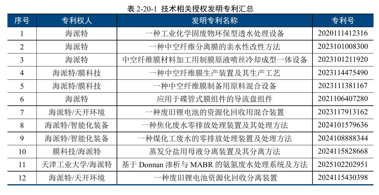 表2-20-1技术相关授权发明专利汇总
