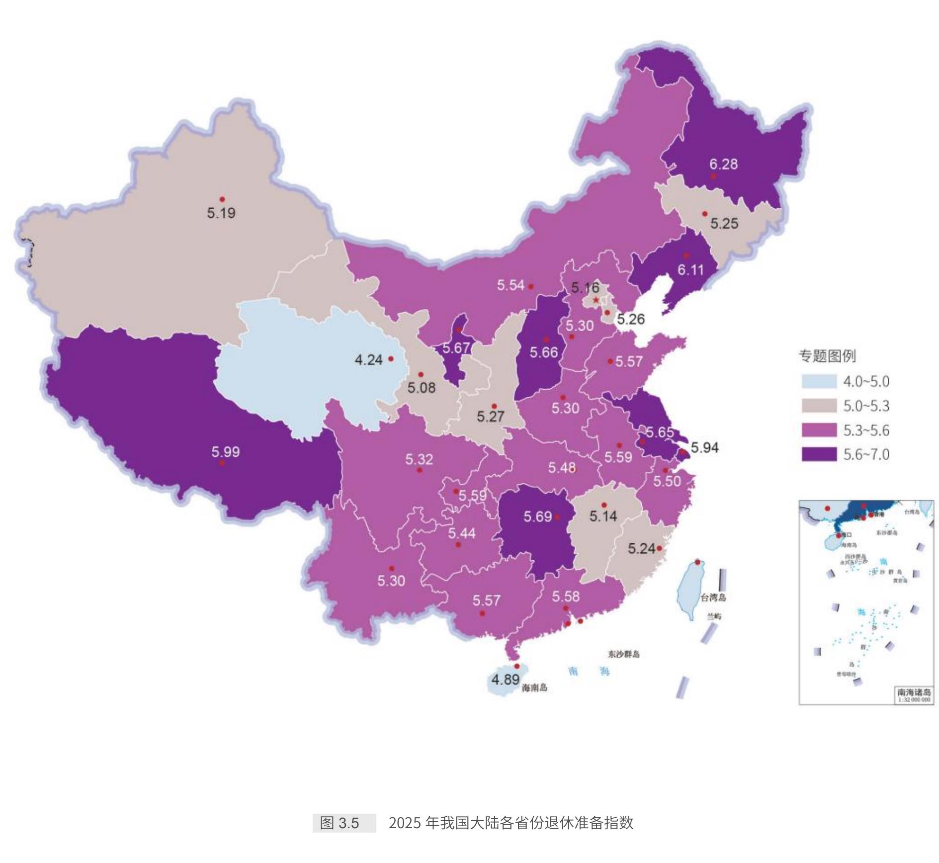 图3.5 2025年我国大陆各省份退休准备指数