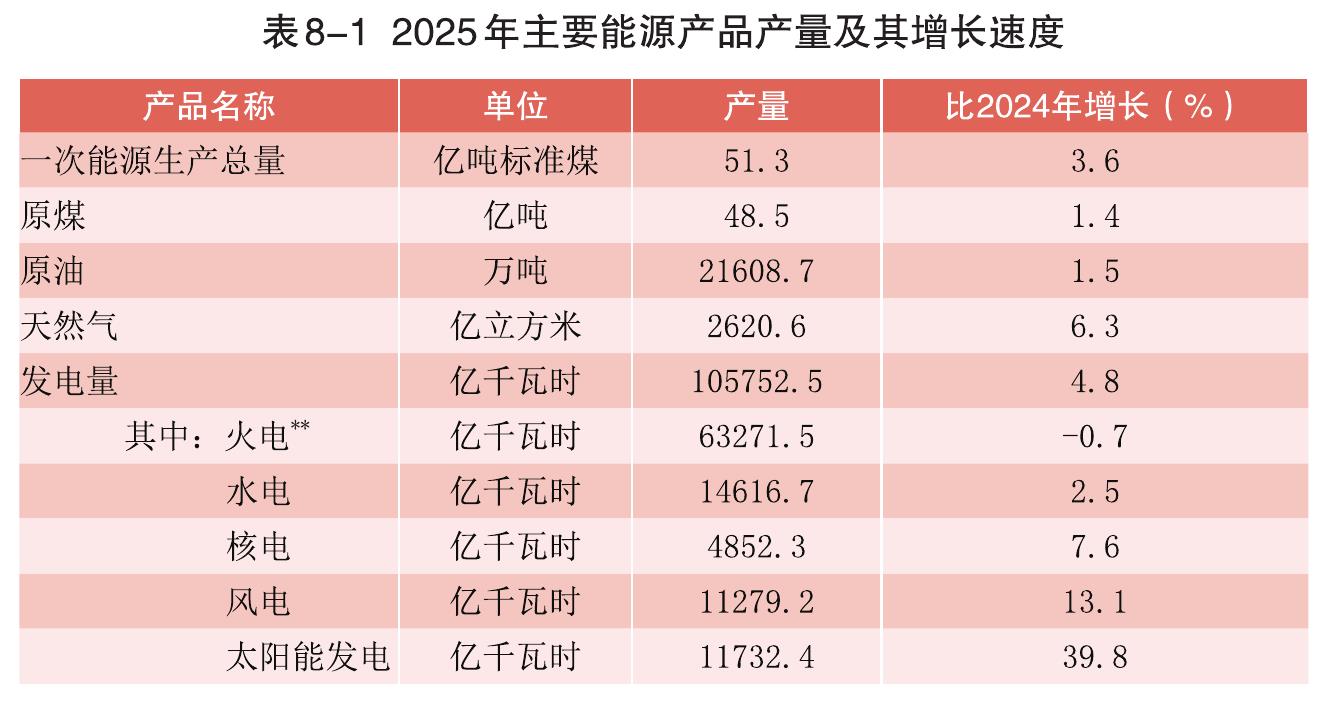 表8-12025年主要能源产品产量及其增长速度