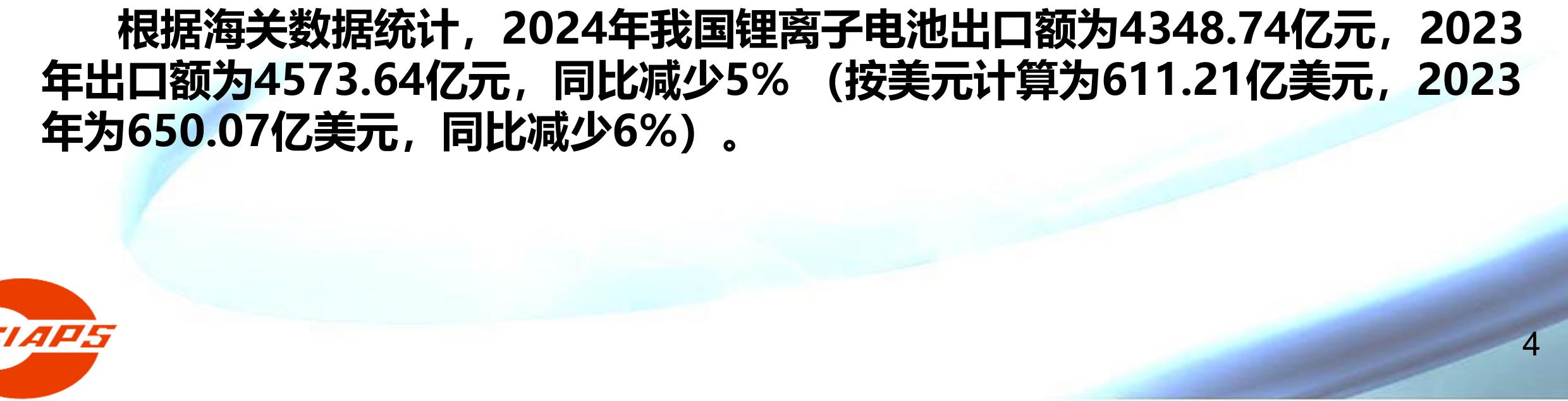 根据海关数据统计，2024年我国锂离子电池出口额为4348.74亿元，2023