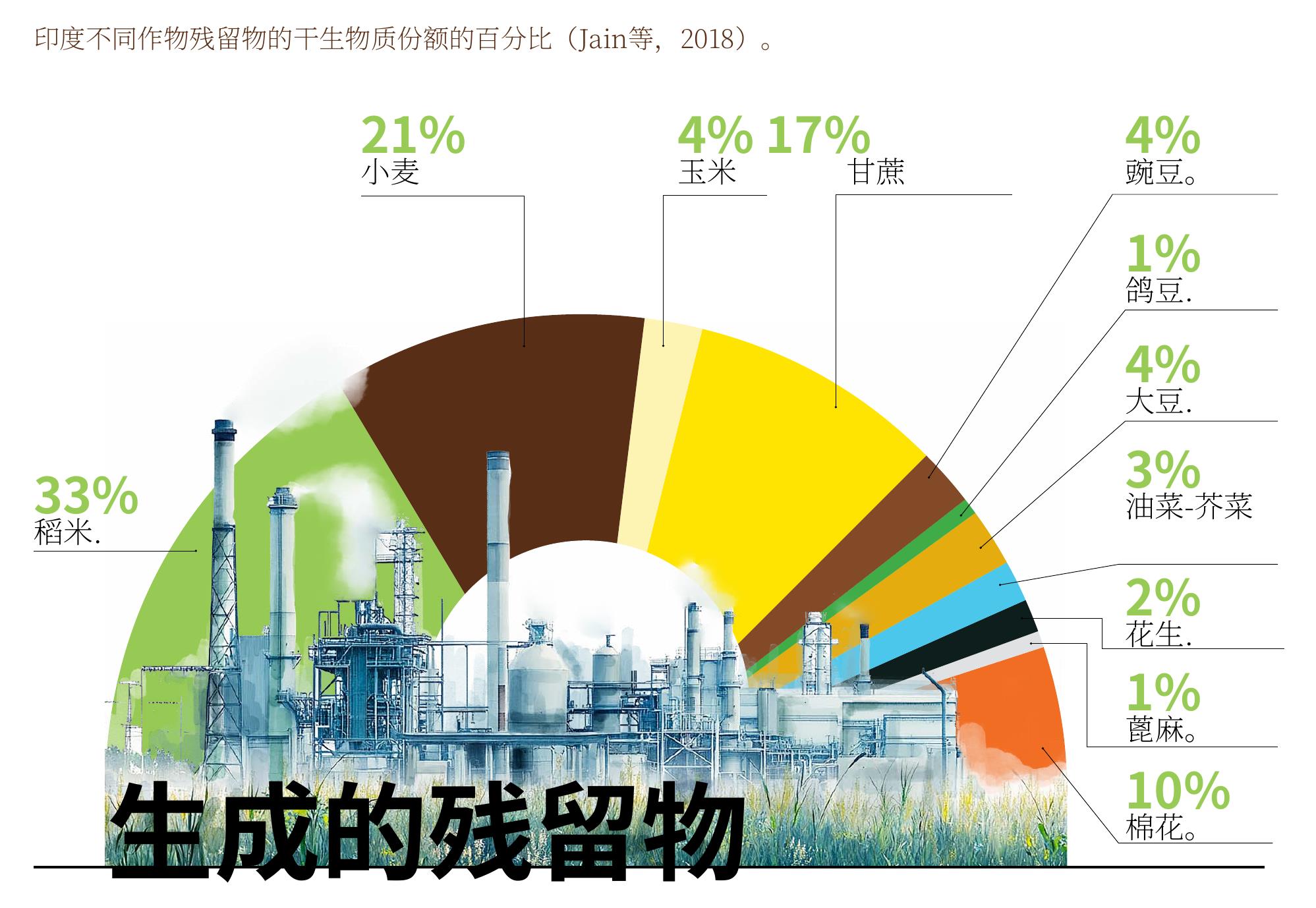 印度不同作物残留物的干生物质份额的百分比（Jain等，2018）。