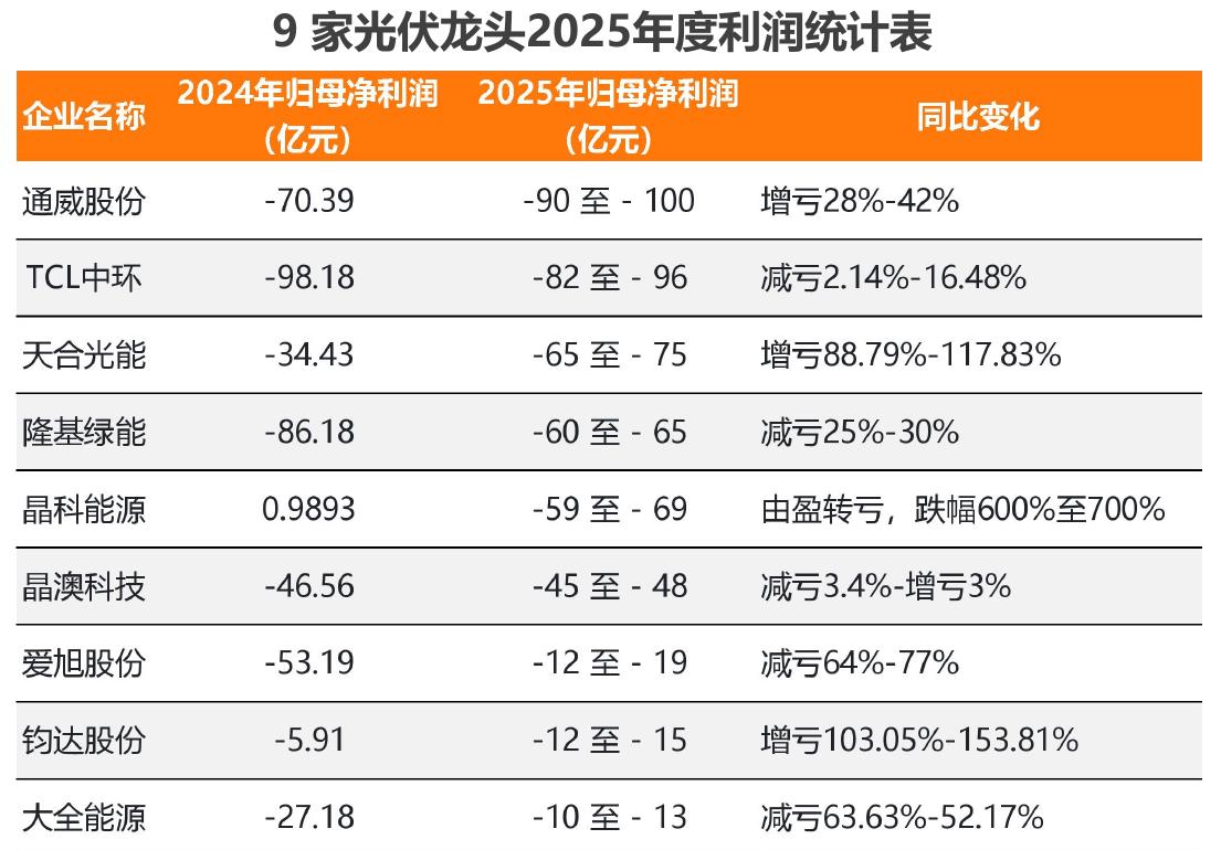 9家光伏龙头2025年度利润统计表