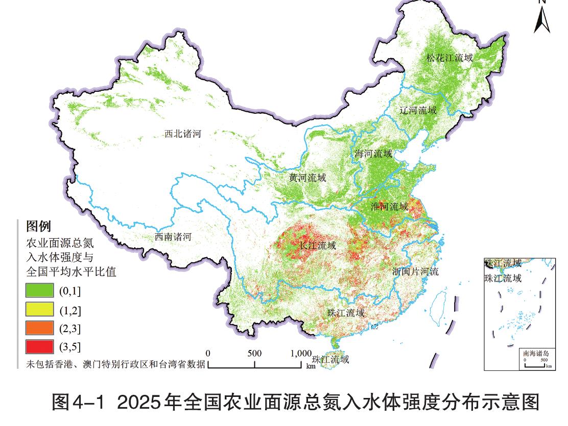 图4-12025年全国农业面源总氮入水体强度分布示意图