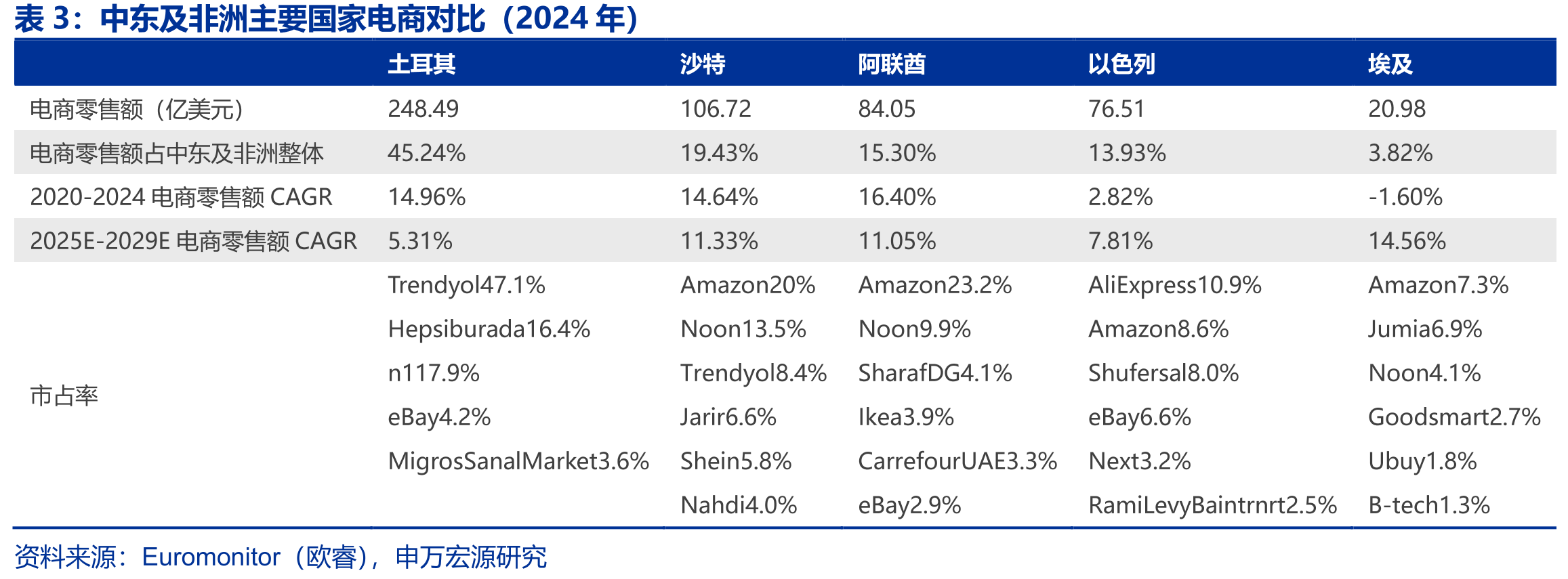中东及非洲主要国家电商对比（2024年）