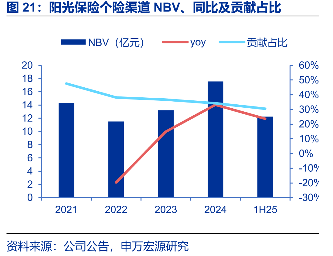 阳光保险个险渠道NBV、同比及贡献占比