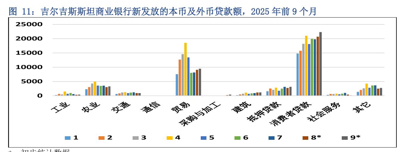 图11：吉尔吉斯斯坦商业银行新发放的本币及外币贷款额，2025年前9个月