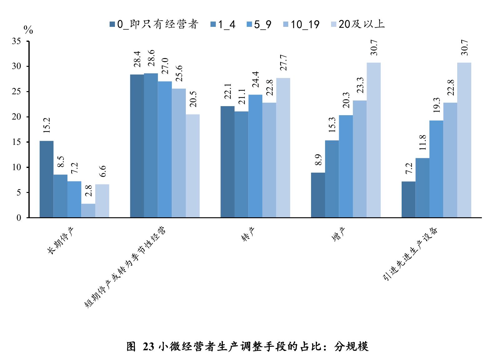 图23小微经营者生产调整手段的占比：分规模