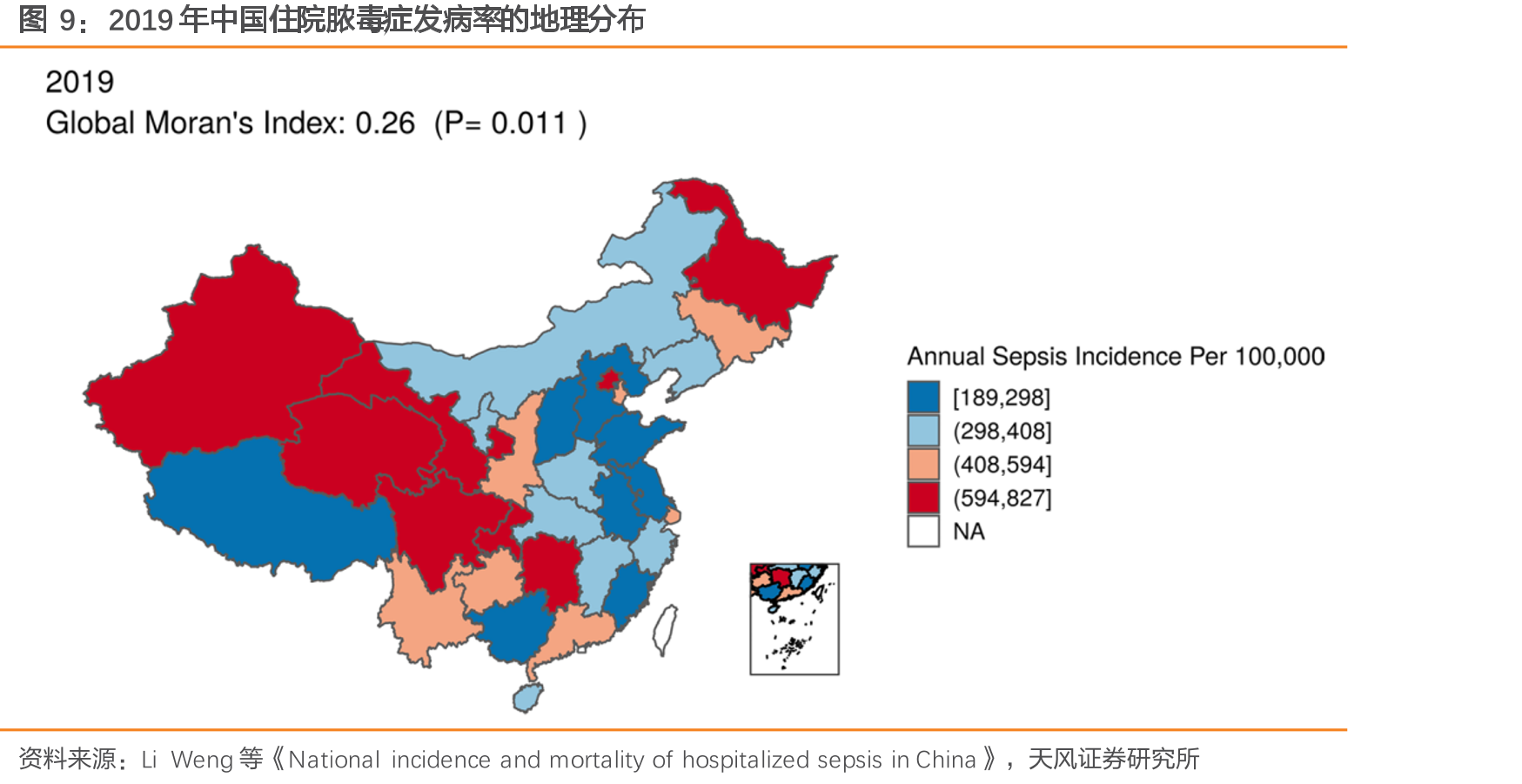 2019年中国住院脓毒症发病率的地理分布