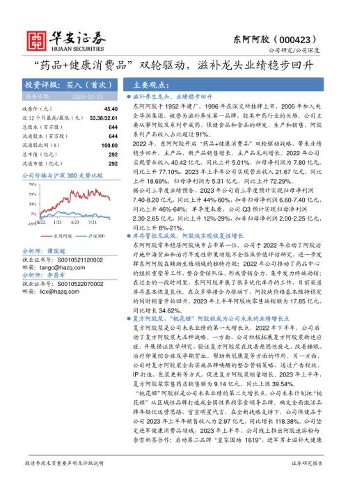 东阿阿胶-公司研究报告-“药品+健康消费品”双轮驱动滋补龙头业绩稳步回升-231021（24页）.pdf