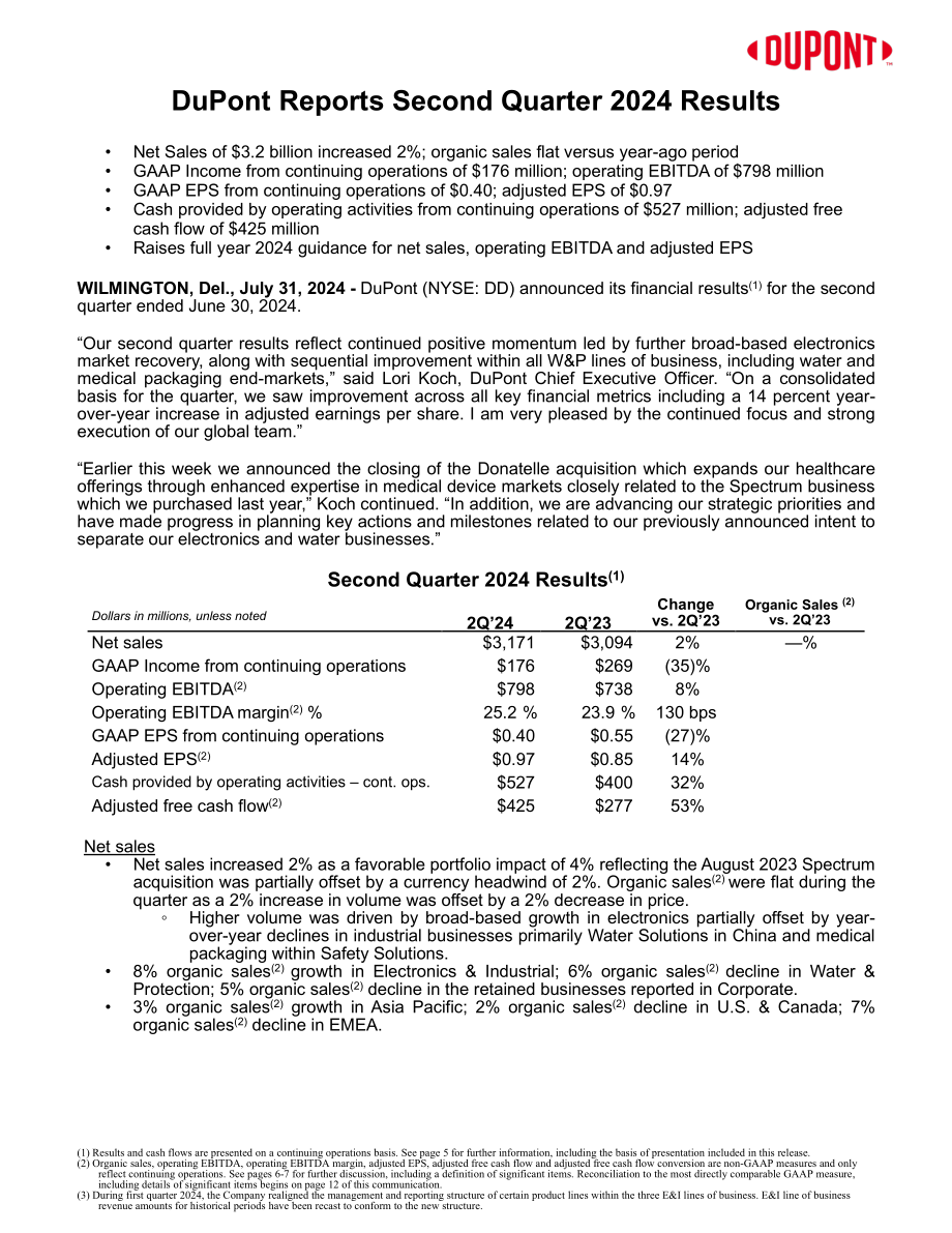 杜邦公司DuPont（DD）2024年第二季度财报「NYSE」（英文版）（14页）.pdf_第1页
