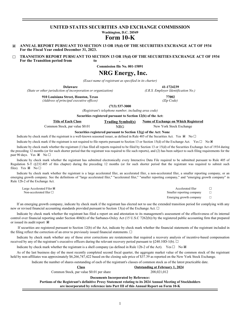 NRG Energy（NRG）2023年10-K年度报告（英文版）（169页）.pdf_第1页