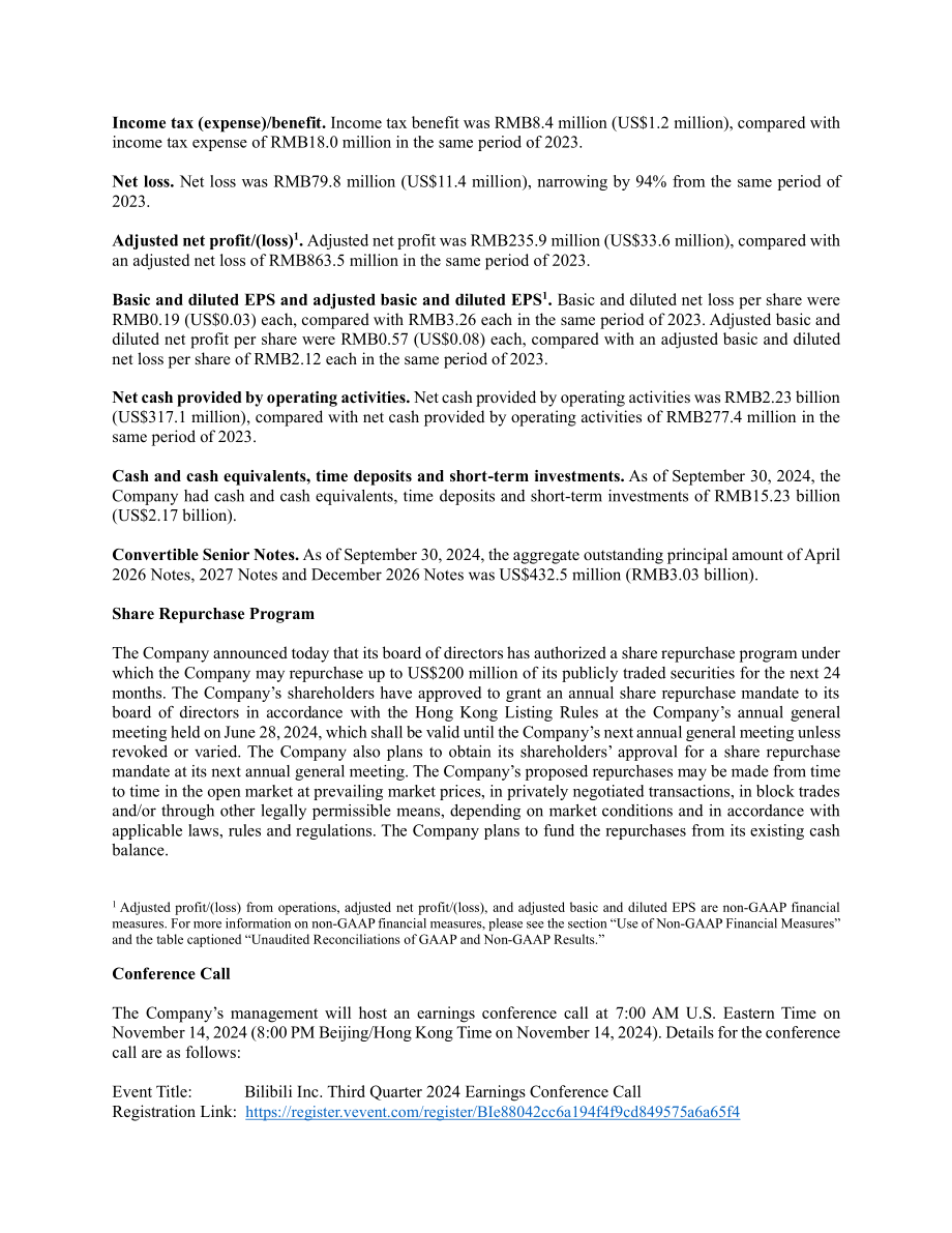哔哩哔哩Bilibili Inc.（BILI）2024年第三季度财报「NASDAQ」（英文版）（12页）.pdf_第3页