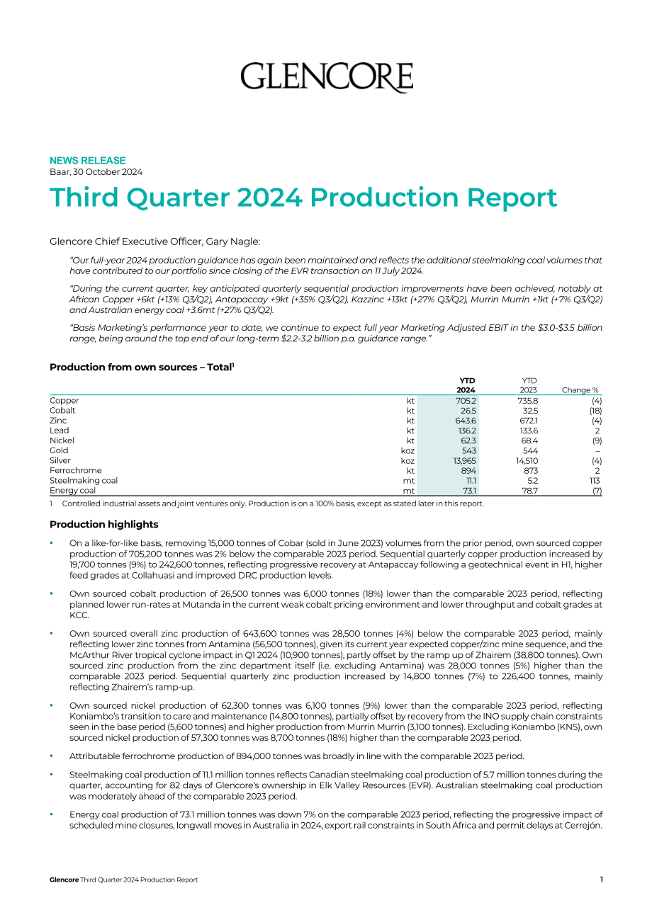 嘉能可（GLENCORE）2024年第三季度财报（英文版）（16页）.pdf_第1页