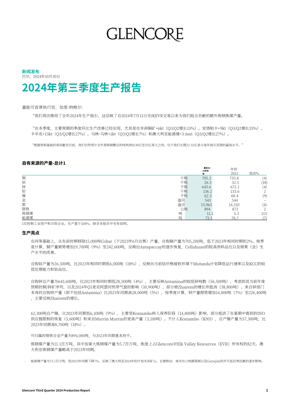 嘉能可（GLENCORE）2024年第三季度财报（英文版）（16页）.pdf_第1页
