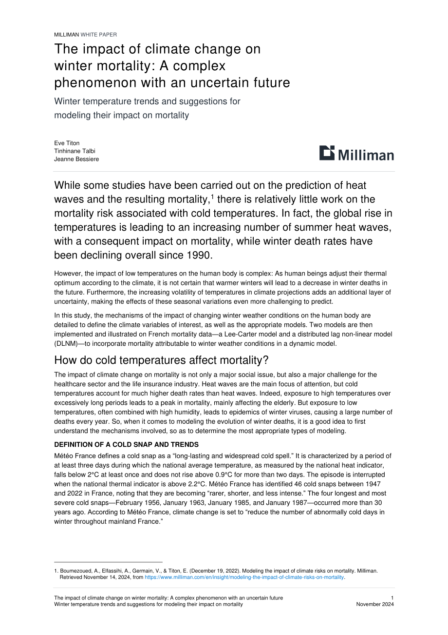 Milliman：2024气候变化对冬季死亡率的影响研究报告：未来趋势的不确定性与冬季气温对死亡率影响的模型构建建议（英文版）（17页）.pdf_第1页
