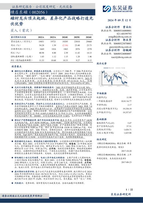 横店东磁-公司研究报告-磁材龙头顶点起跳差异化产品战略打造光伏优势-240912（22页）.pdf