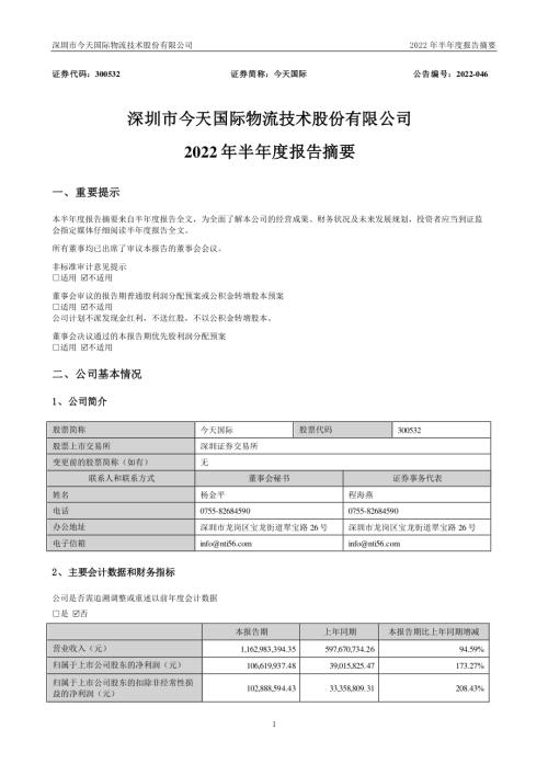 今天国际：2022年半年度报告摘要.PDF