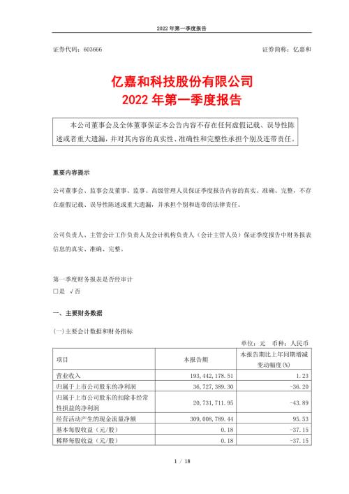 亿嘉和：亿嘉和科技股份有限公司2022年第一季度报告.PDF