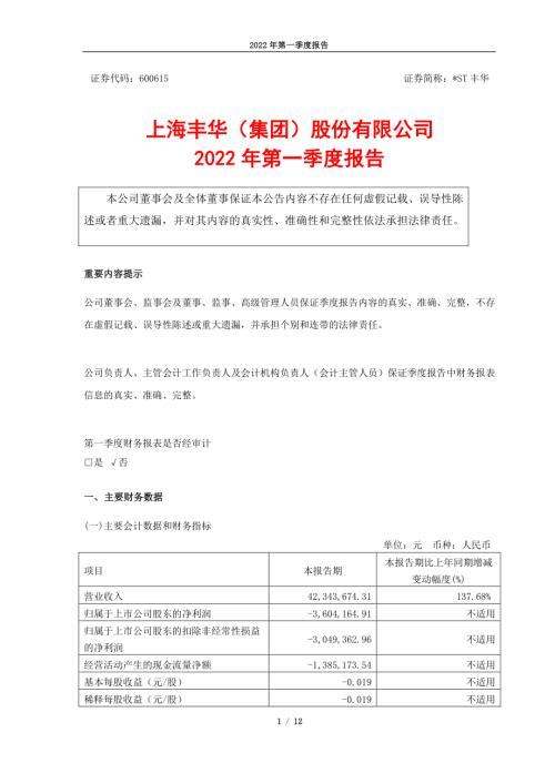 ST丰华：上海丰华（集团）股份有限公司2022年第一季度报告.PDF