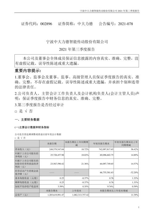 中大力德：2021年第三季度报告.PDF