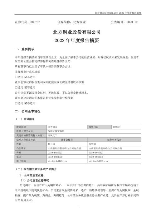 北方铜业：2022年年度报告摘要.PDF