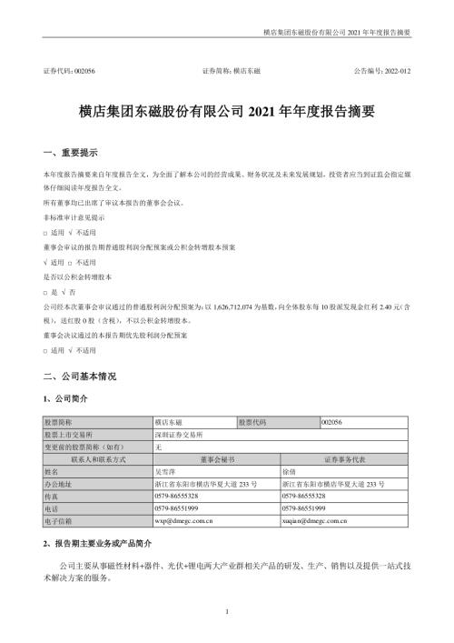 横店东磁：2021年年度报告摘要.PDF