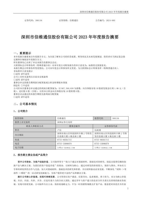信维通信：2023年年度报告摘要.PDF