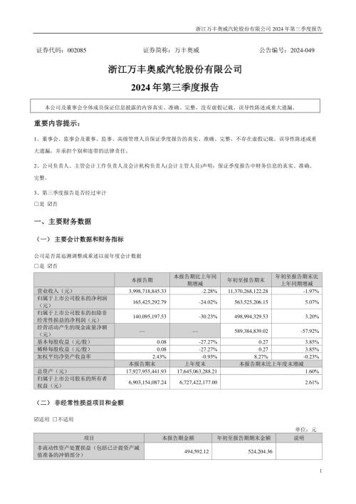 万丰奥威：2024年三季度报告.PDF