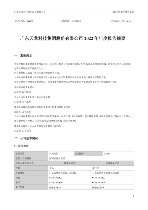 天龙集团：2022年年度报告摘要.PDF