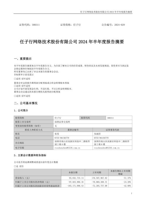 任子行：2024年半年度报告摘要.PDF