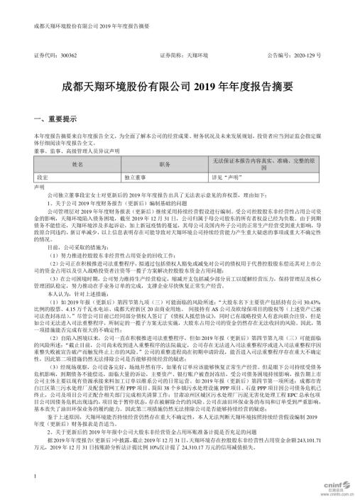 天翔环境：2019年年度报告摘要（更新后）.PDF