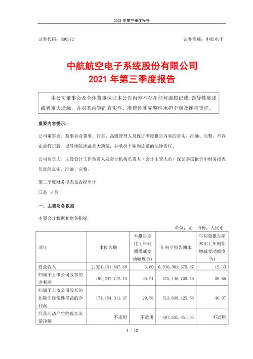 中航电子：中航电子2021年第三季度报告.PDF