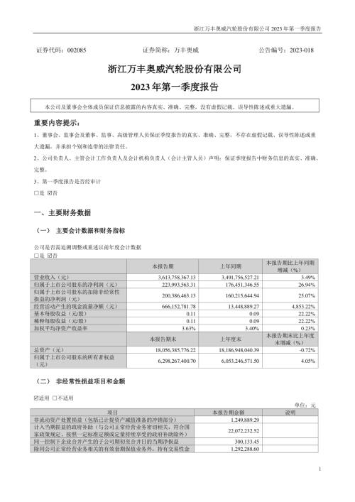 万丰奥威：2023年一季度报告.PDF