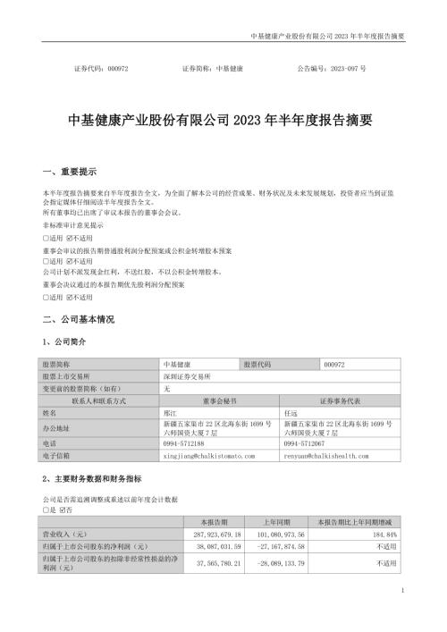 中基健康：2023年半年度报告摘要.PDF