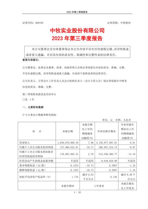 中牧股份：中牧实业股份有限公司2023年第三季度报告.PDF