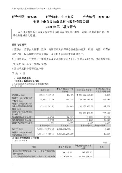 中电兴发：2021年第三季度报告.PDF