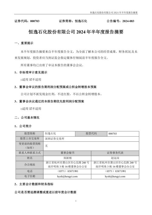恒逸石化：2024年半年度报告摘要.PDF